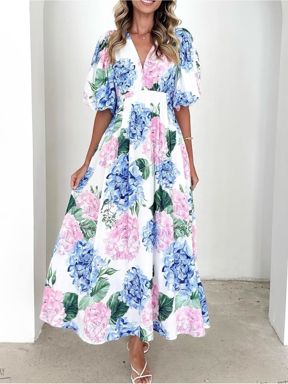 Hydrangea-Print Puff Sleeve Maxi Dress in White with Pink & Blue Blooms